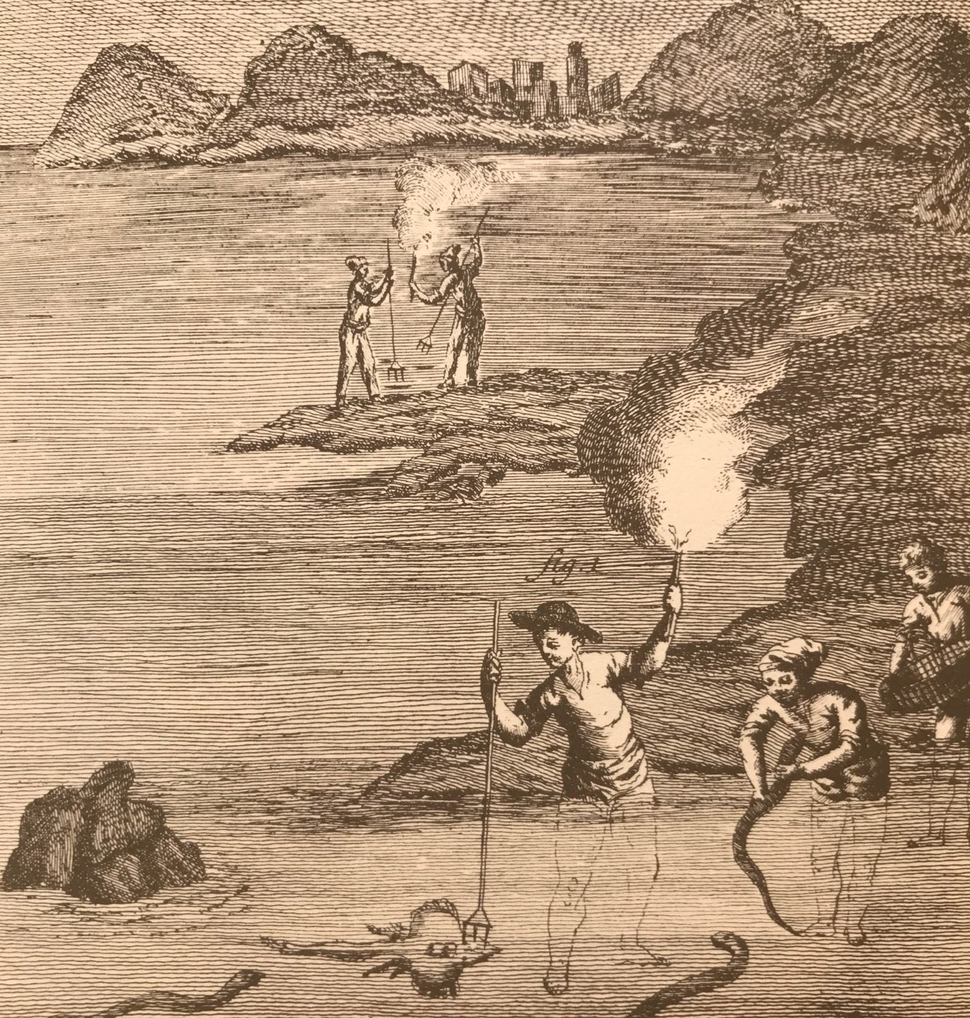 Ilustración antigua que muestra técnicas de pesca tradicionales.